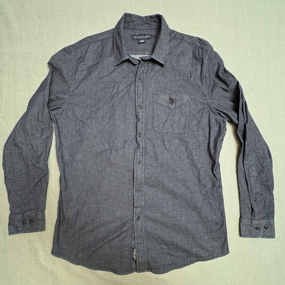 US Polo Assn Mens Medium Gray Chambray Long Sleeve Button Down Shirt Logo Pocket